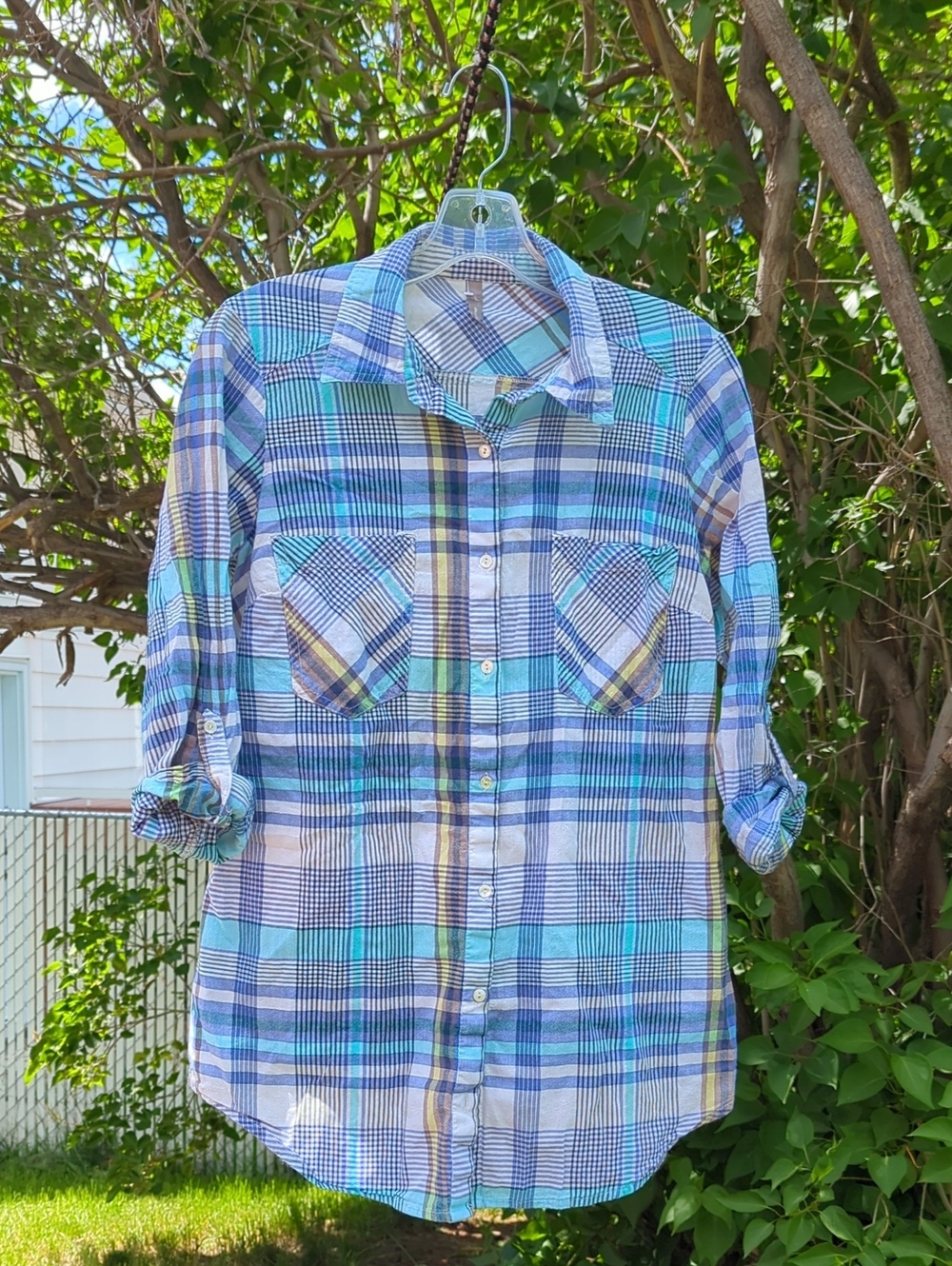 Thyme Maternity Blue Plaid Button-Up Shirt